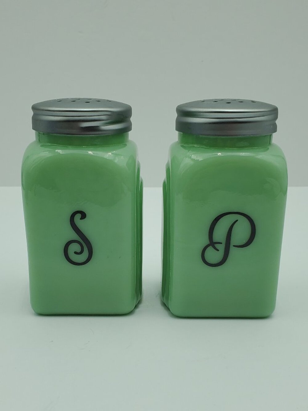 Jadeite Salt & Pepper Shakers Green Milk Glass Shaker Set with S & P Initials